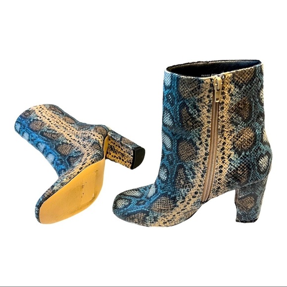 Chinese Laundry Koraline Snake Print Ankle Boot Turquoise Tan Faux Leather Heel - Picture 3 of 8